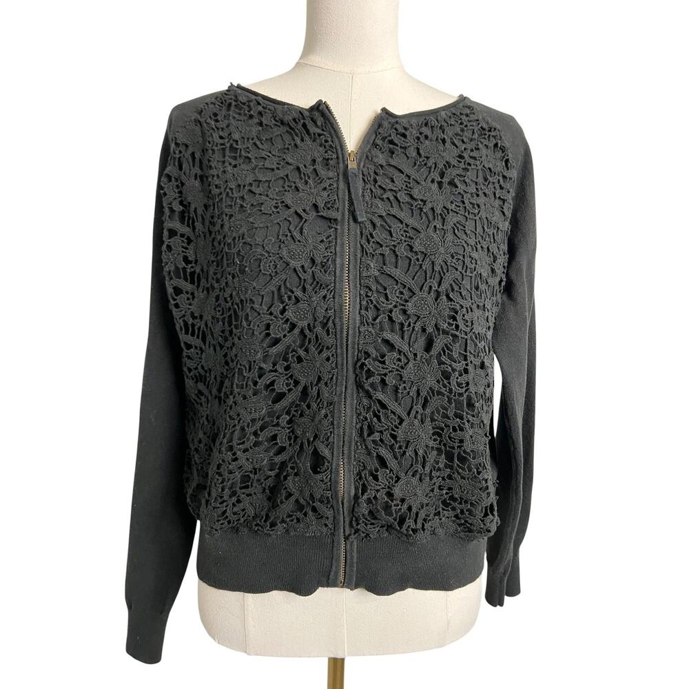 VIP Cardigan Sweater Womens PXL Black Crochet Lace Floral Full Zip Knit Top